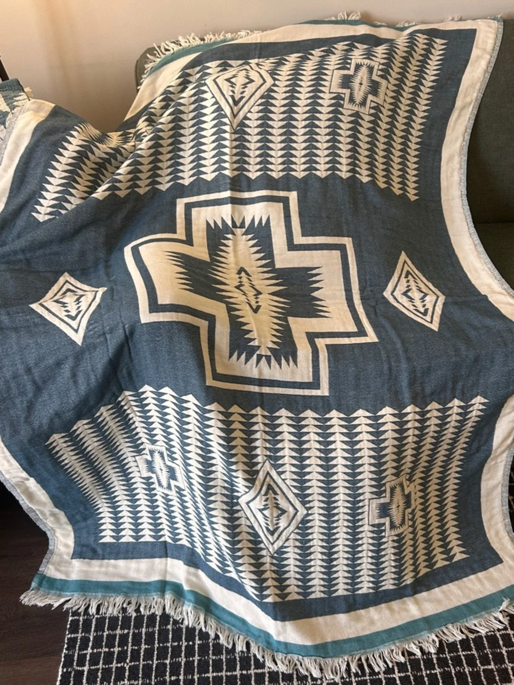 Woven Outdoor Indoor Blanket SxSW TH 2 Side Native Pattern Blue + Natural